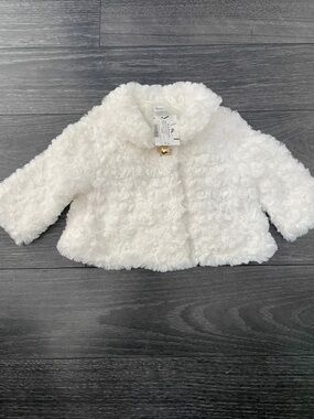 Janie and Jack White Faux Fur Baby Pea Coat with Gold Button